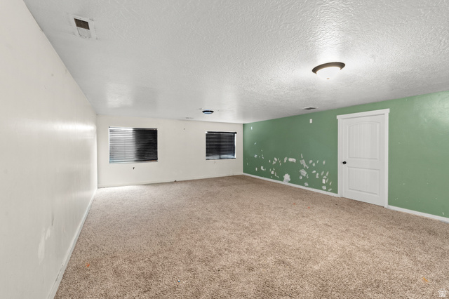 3396 Carmy Road Magna, UT 84044 - Photo 16 of 32 Carpeted room featuring multiple windows with horizontal blinds, a white paneled door with a black knob, and a ceiling-mounted light fixture