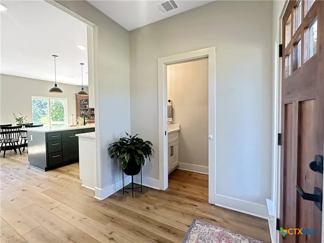 a kitchen with stainless steel appliances a refrigerator and a potted plant