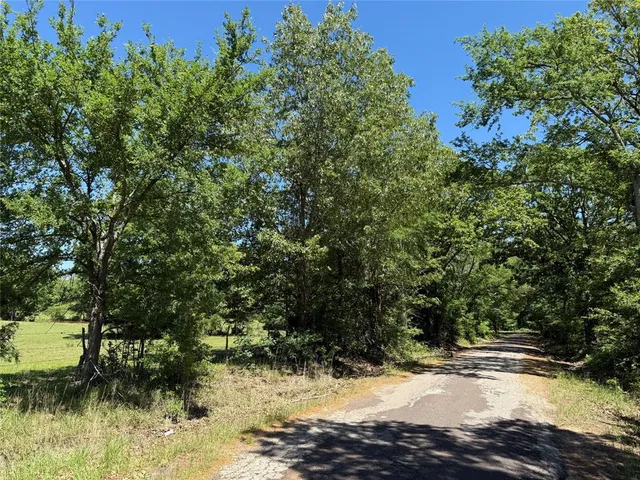 a view of a field with trees in the background