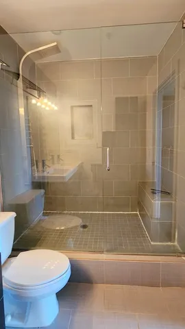 a bathroom with a shower and a toilet
