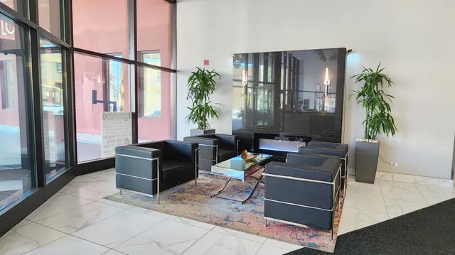 a living room with furniture and a potted plant