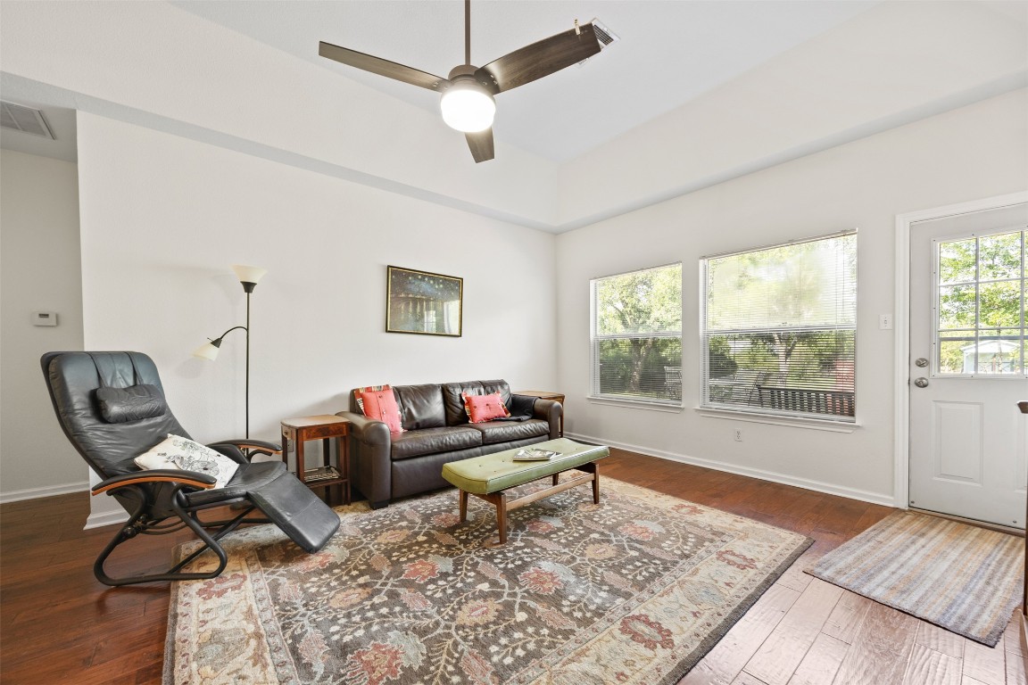 803 North Myrtle Street Georgetown, TX 78626 - Photo 7 of 40 Living area featuring ceiling fan and wood-type flooring