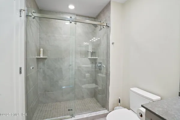 a bathroom with a shower and a toilet