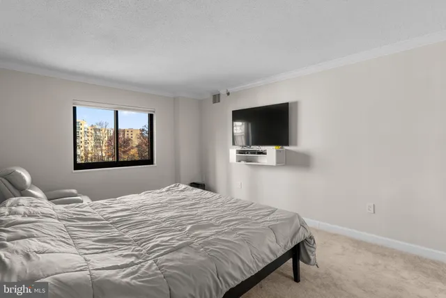 a bedroom with a large bed and a flat screen tv