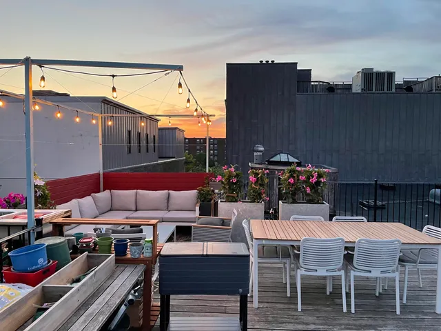 a outdoor space with lots of tables and chairs