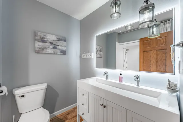 a bathroom with a toilet sink and mirror