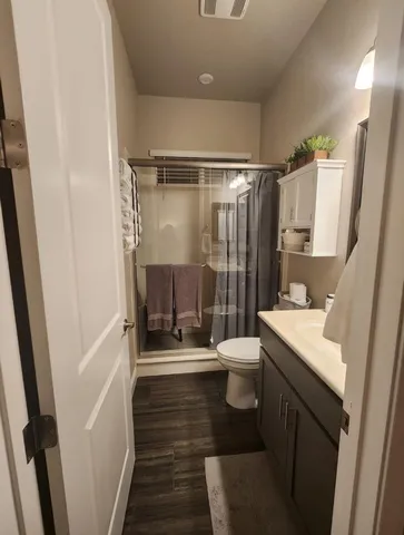 a bathroom with a sink a toilet a mirror and shower