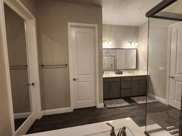 a bathroom with a sink a mirror and a shower