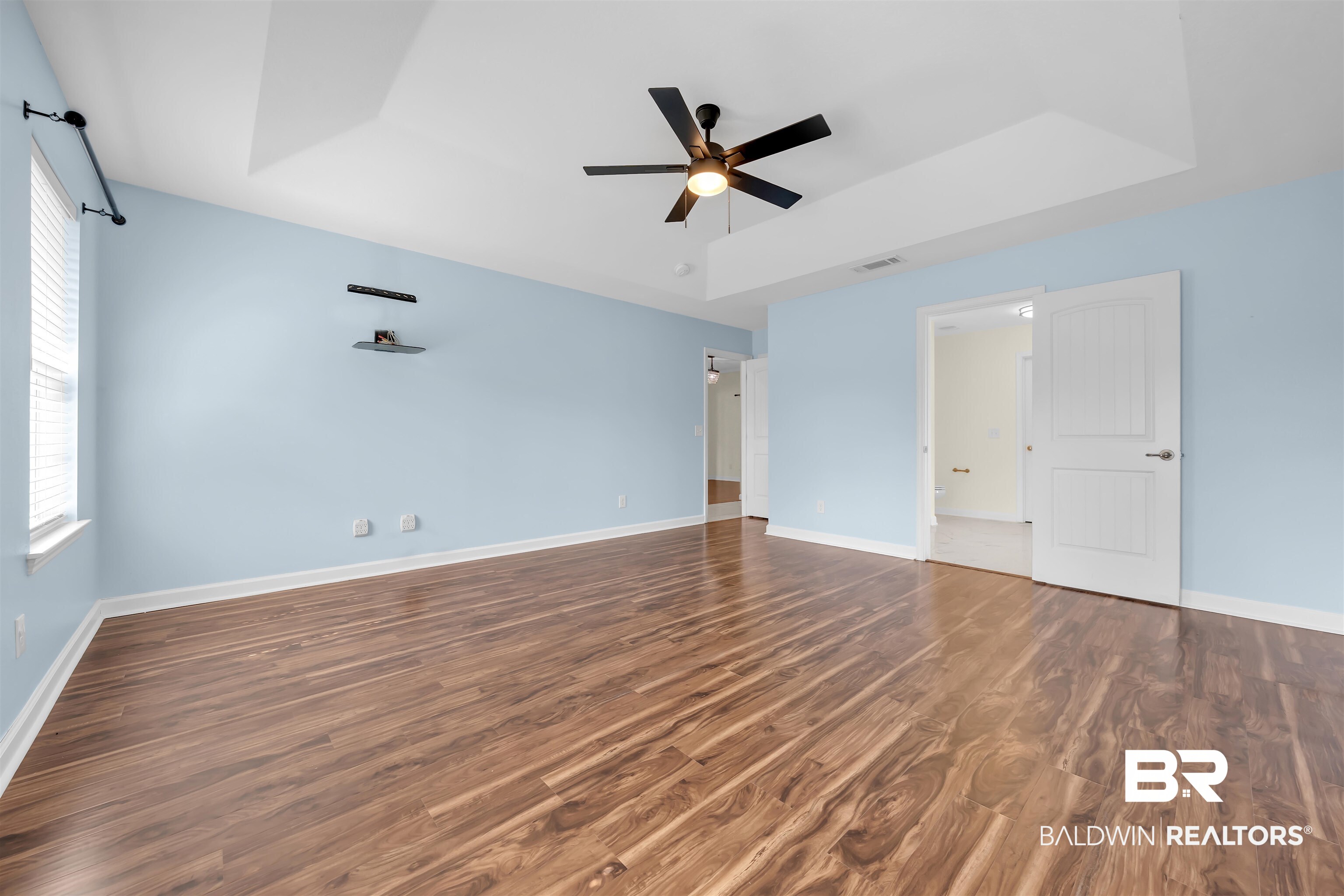 10147 Lyttleton Loop Lillian, AL 36549 - Photo 19 of 29 Spacious room featuring wood-finish flooring, a tray ceiling, and a ceiling fan with integrated lighting