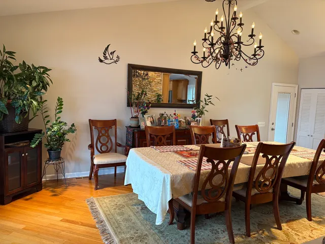 a view of a dining room with furniture