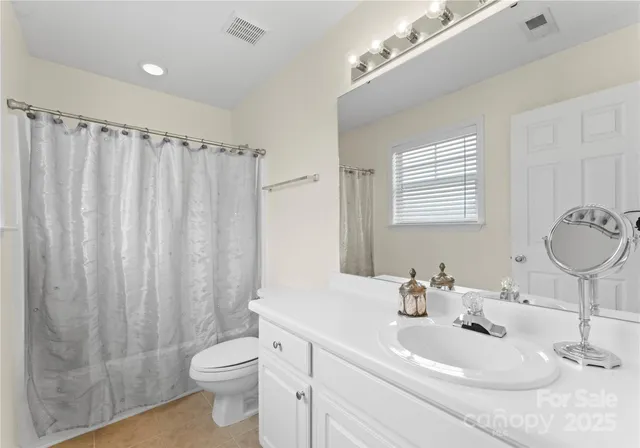 a bathroom with a sink a toilet and shower curtain
