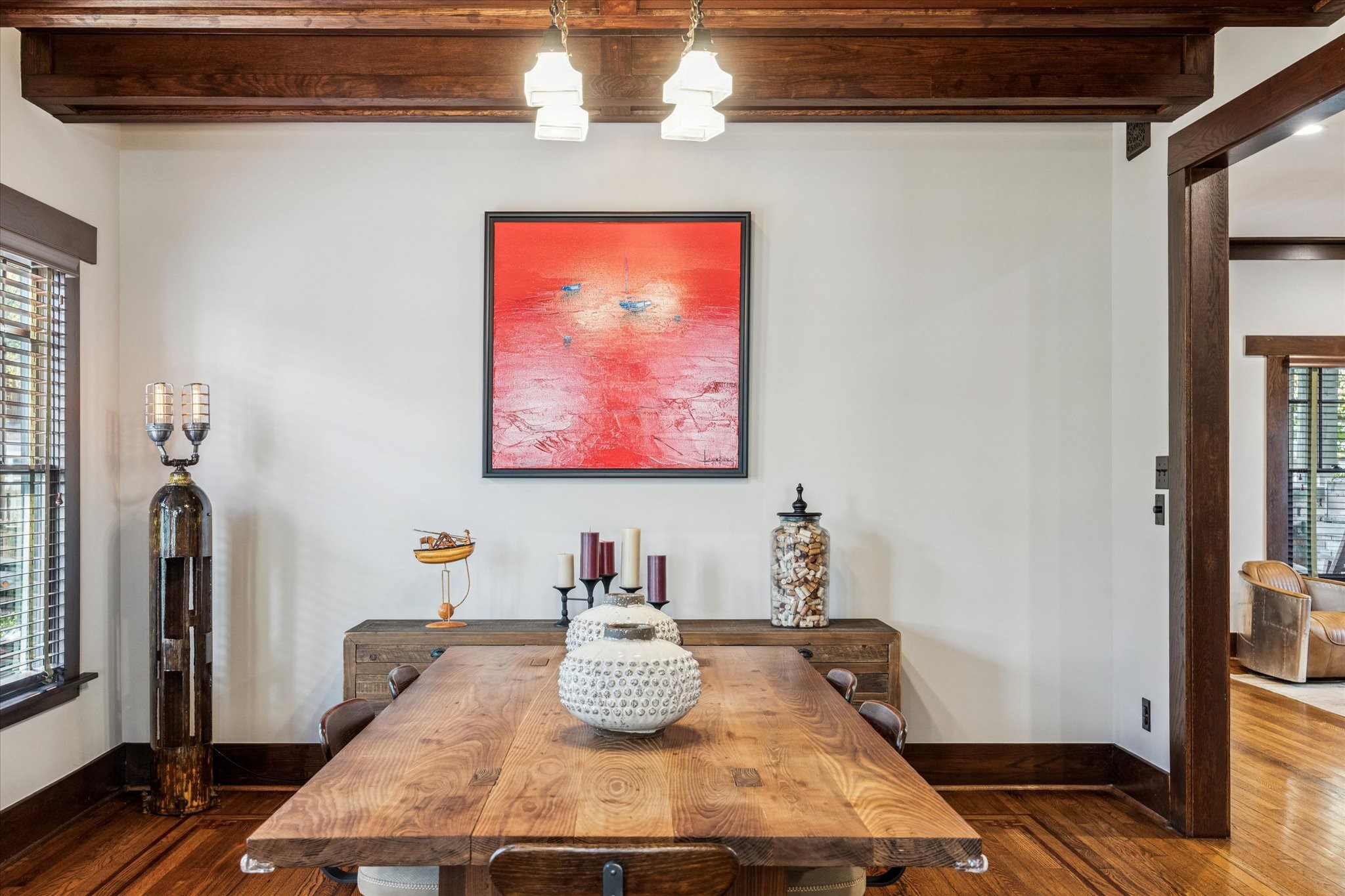 512 Archer Street Houston, TX 77009 - Photo 2 of 40 Spacious dining room with a coffered beam ceiling featuring exposed wood beams and lighter tongue and groove wood planks.