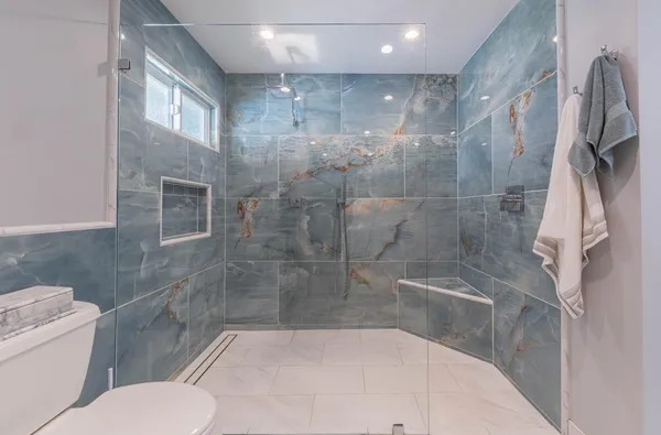 a bathroom with a toilet and a shower