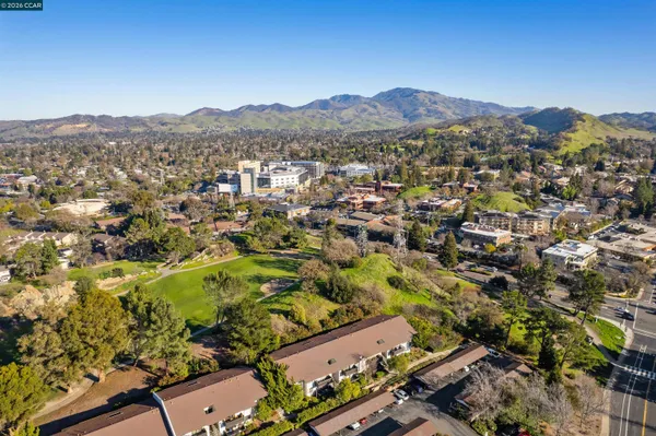 an aerial view of residential building and trees