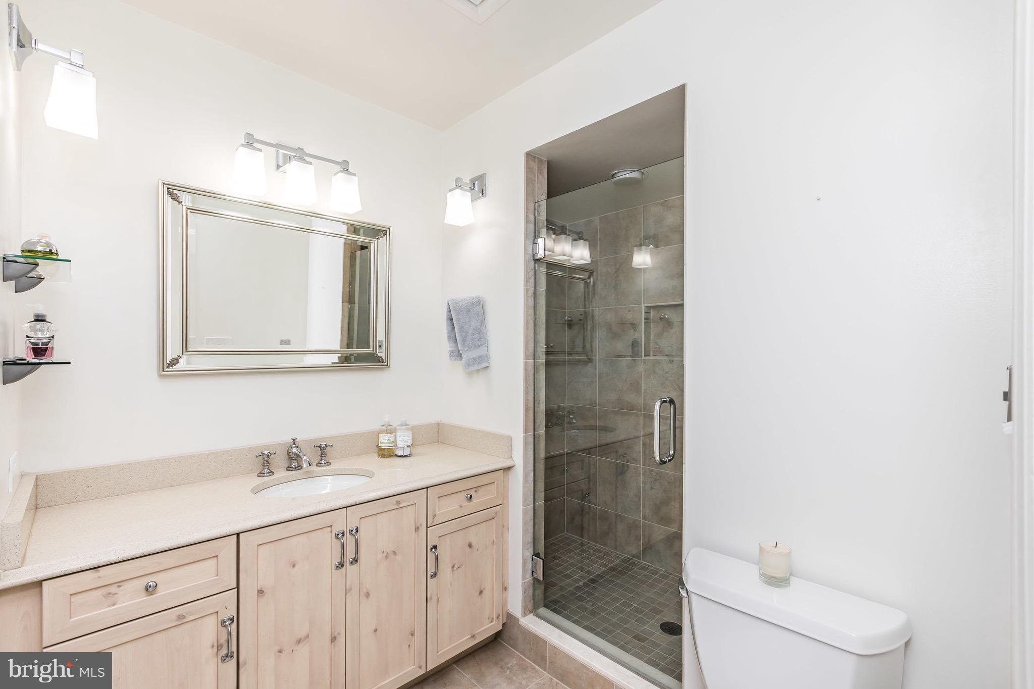 10 East Lee Street, Unit 1209 Baltimore, MD 21202 - Photo 22 of 38 a bathroom with a toilet a sink a mirror and shower