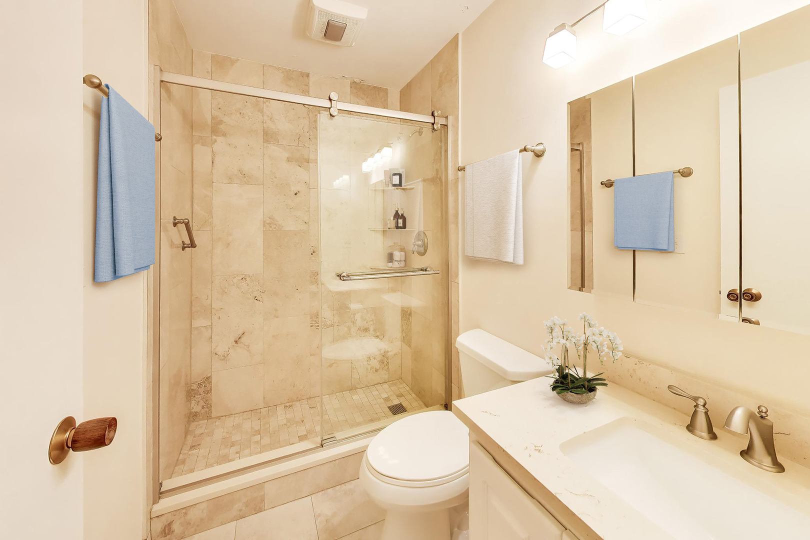 2324 Central Street, Unit 2B Evanston, IL 60201 - Photo 24 of 28 a bathroom with a granite countertop sink toilet and shower