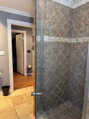 a bathroom with a shower and a sink