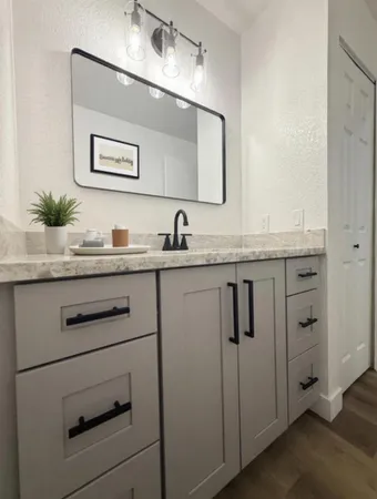 a bathroom with a sink and a mirror