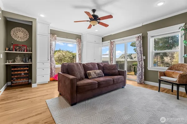 a view of balcony with furniture