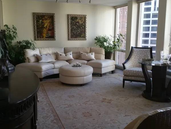 a living room with furniture and a potted plant