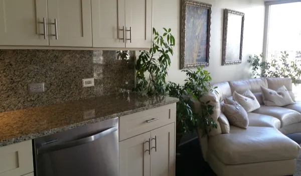a living room with furniture and potted plant