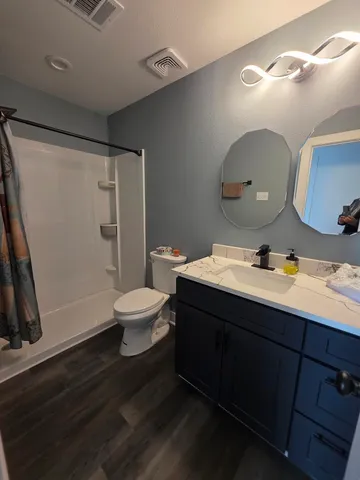 a bathroom with a double vanity sink toilet mirror and shower