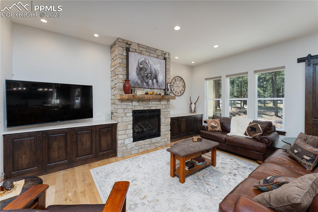 9775 Walker Road Colorado Springs, CO 80908 - Photo 7 of 50 a living room with furniture a flat screen tv and a fireplace