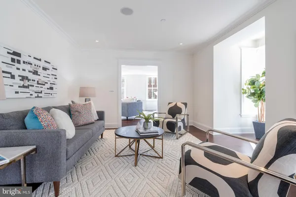 a living room with furniture and a potted plant