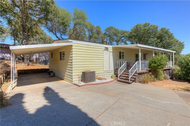 a view of a patio with table and chairs and a large tree