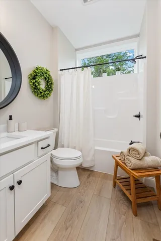 a bathroom with a sink mirror vanity and toilet