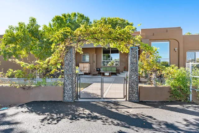 a garden view with a seating space