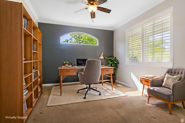 1417 Blacksmith Lane Draper, UT 84020 - Photo 5 of 57 Carpeted room featuring a ceiling fan, crown molding, and a built-in wood-finish shelving unit