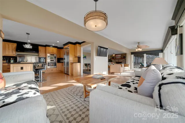 a large kitchen with a large window