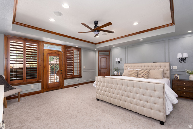 687 South 2080th Street East Springville, UT 84663 - Photo 15 of 149 Spacious room featuring tray ceilings with recessed lighting, crown molding, and a ceiling fan