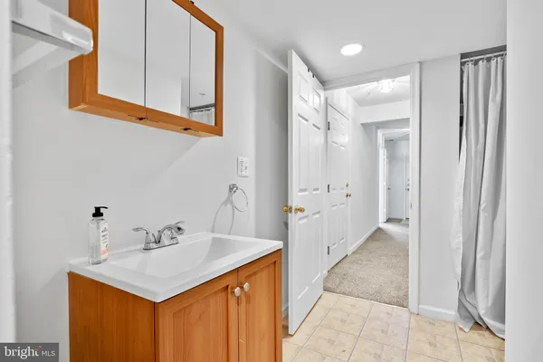 a bathroom with a sink a mirror and a shower