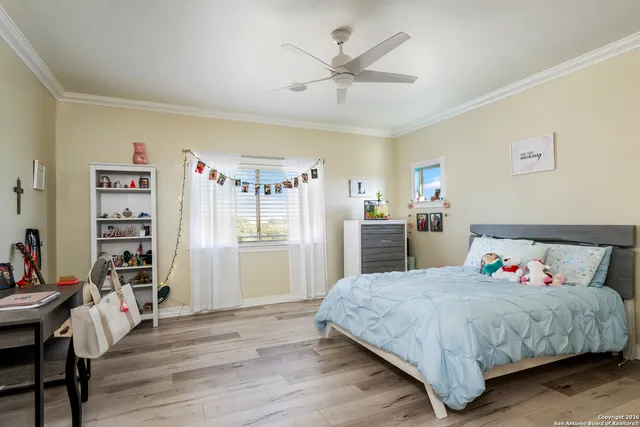 a spacious bedroom with a bed and a bookshelf