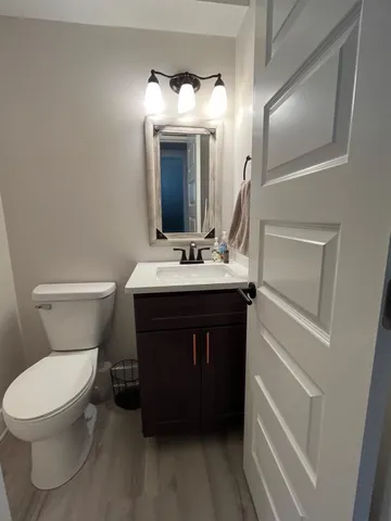 a bathroom with a sink vanity and a toilet