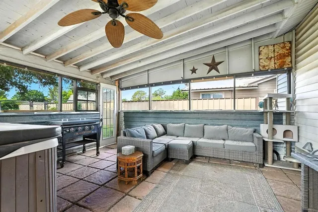 a balcony with furniture