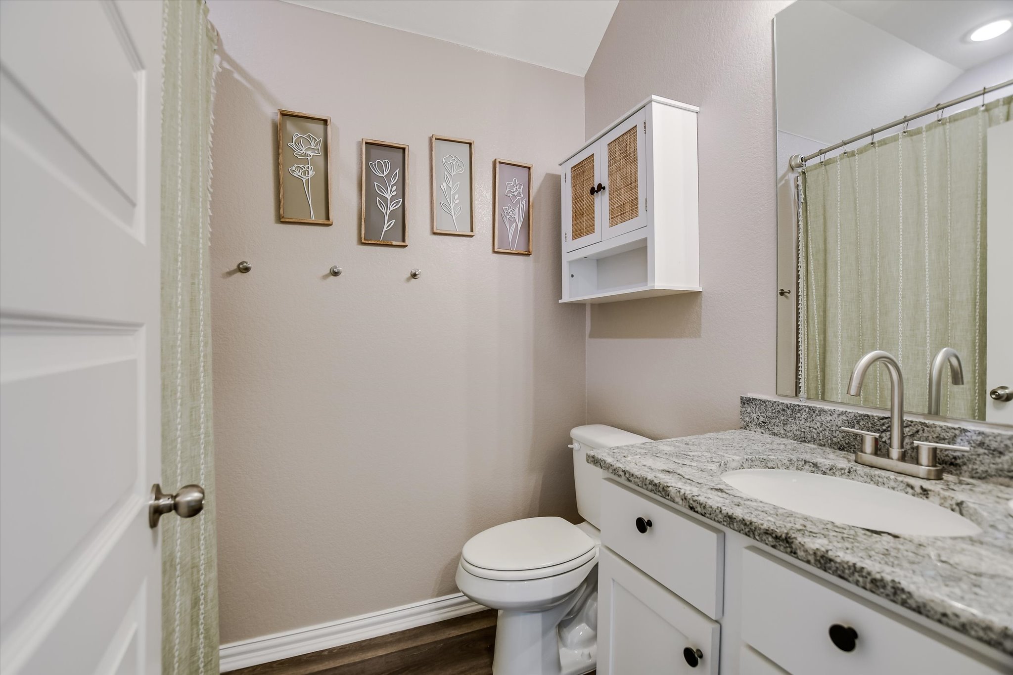 1101 Terrace View Drive Georgetown, TX 78628 - Photo 13 of 20 Bathroom featuring vanity, a shower with curtain, and dark wood-type flooring