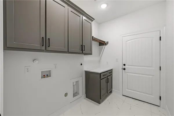a storage room with cabinets