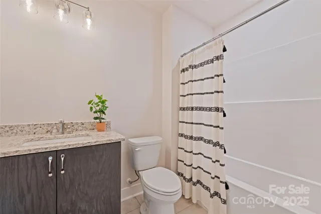 a bathroom with a sink a toilet and shower curtain