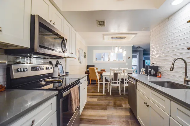 a kitchen with lots of counter top space
