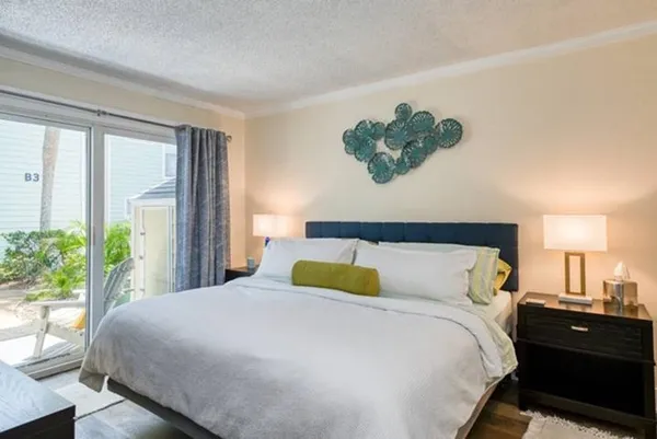 a bedroom with a bed window and a potted plant