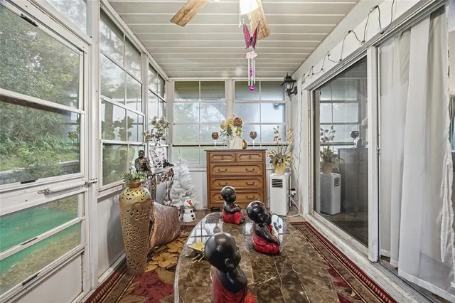 a view of a storage room with a window