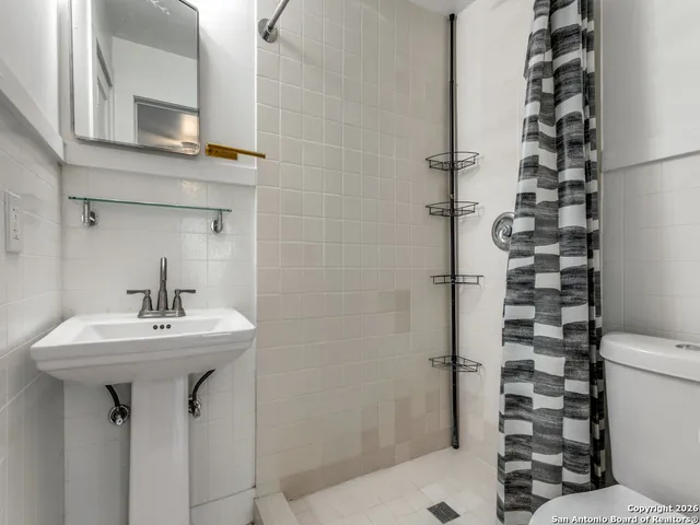 a bathroom with a sink a mirror a toilet and shower