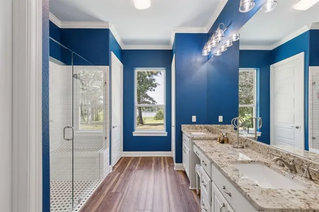 a bathroom with a granite countertop double vanity sink a mirror and shower