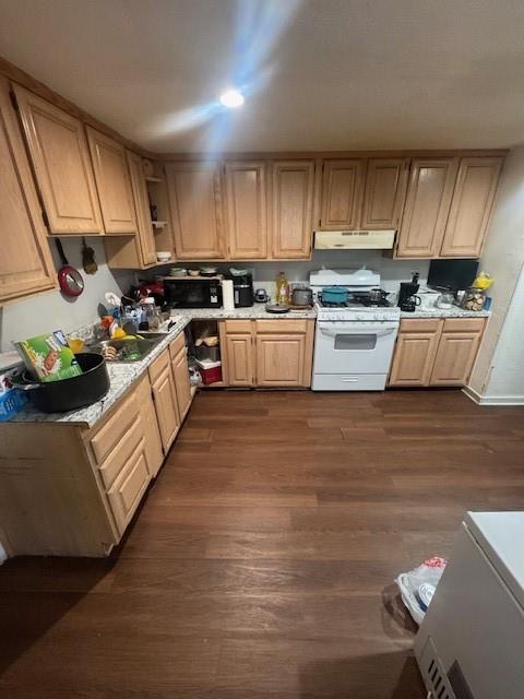 1934 Calypso Street Dallas, TX 75212 - Photo 3 of 11 a kitchen with stainless steel appliances granite countertop a stove a sink dishwasher and a refrigerator with wooden floor