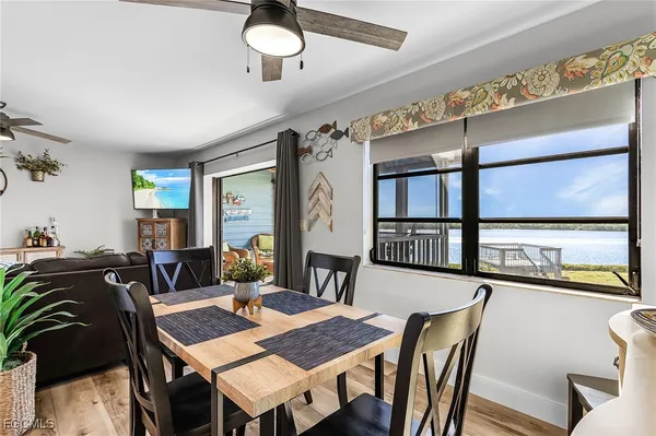 a view of a dining area with furniture window and wooden floor