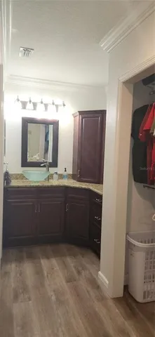 an aerial view of a house with a yard and a large tree