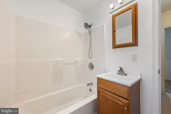 a bathroom with a bathtub sink vanity and mirror
